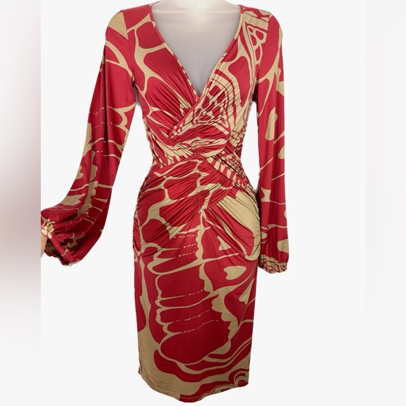 Marciano | Red/Beige Patterned Dress With Ruched Detail - Picture 6 of 12